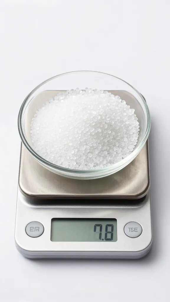 small digital kitchen scale weighing erythritol in glass dish