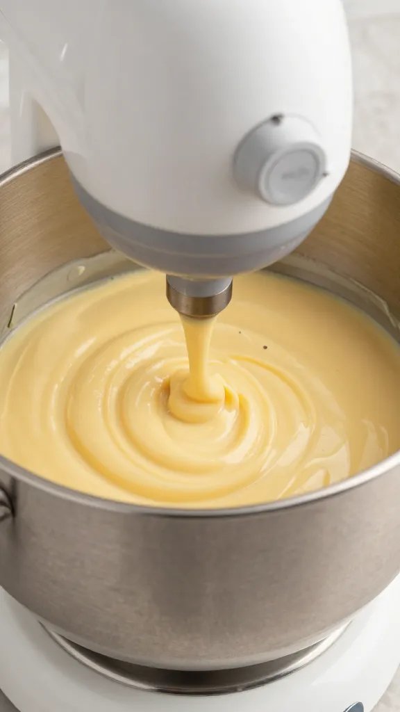 stand mixer bowl with pale keto custard, top-down closeup