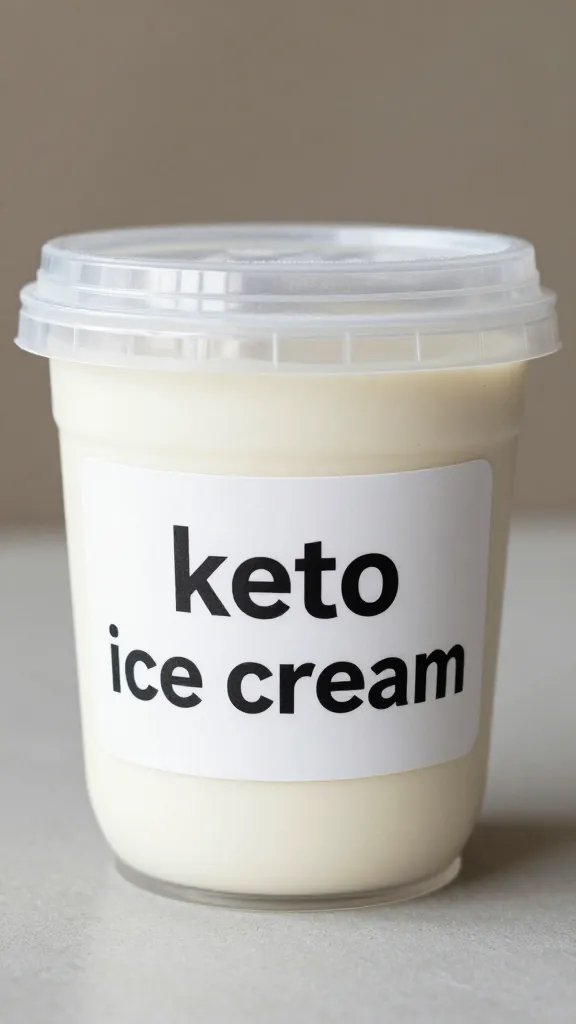 single airtight pint labeled “keto ice cream,” frosted lid