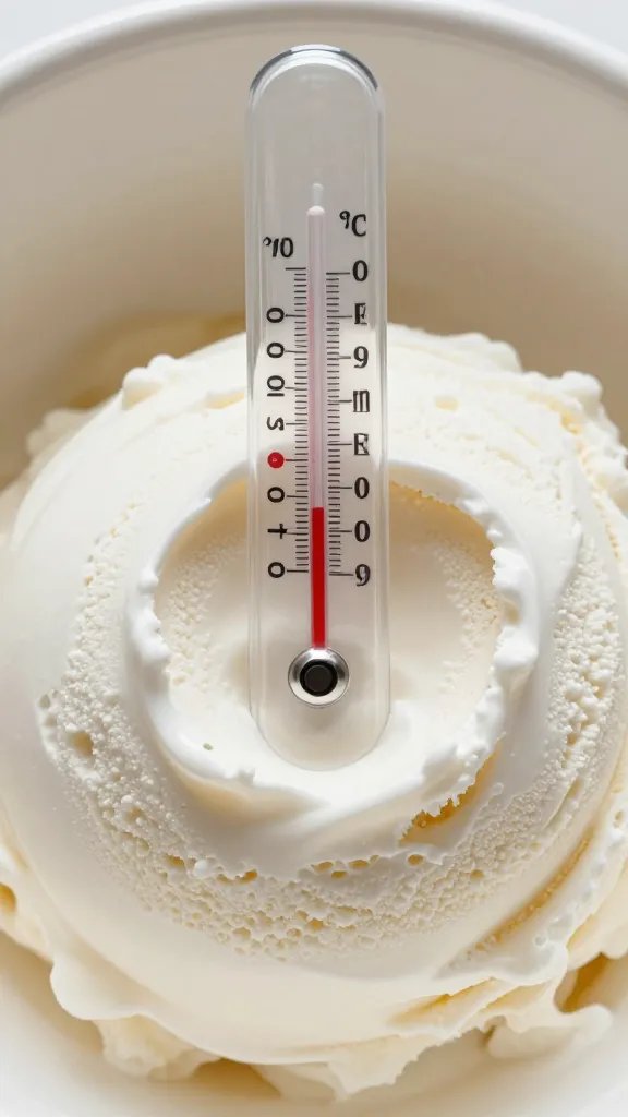 thermometer tip reading 39°F in churned keto ice cream
