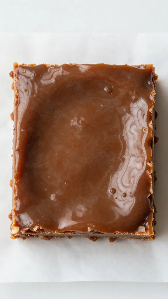 glossy keto fudge square on parchment, overhead closeup