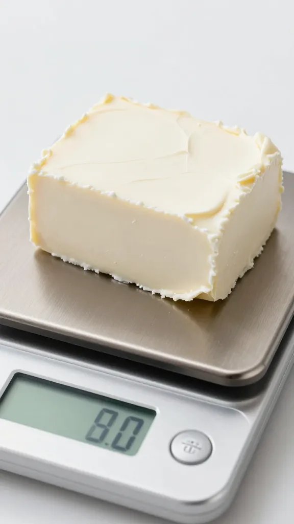 cream cheese block on digital kitchen scale, closeup
