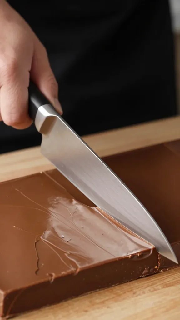 sharp chef’s knife slicing fudge edge, tight crop