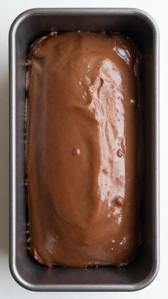 lined loaf pan with smooth fudge surface, top-down