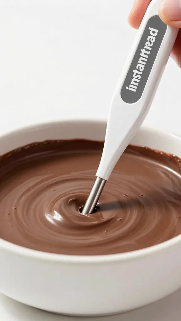 instant-read thermometer tip in warm chocolate mixture