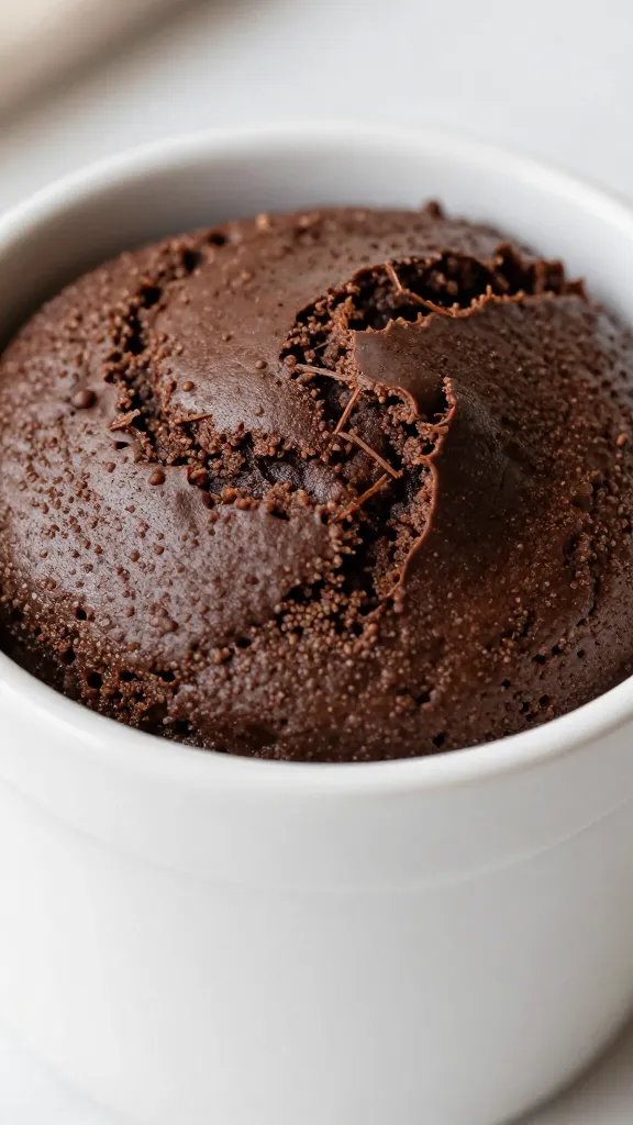 closeup chocolate keto mug cake in white ceramic mug