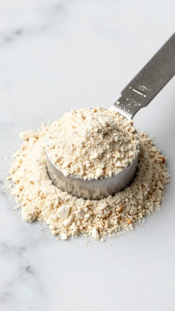 almond flour in measuring spoon on marble counter