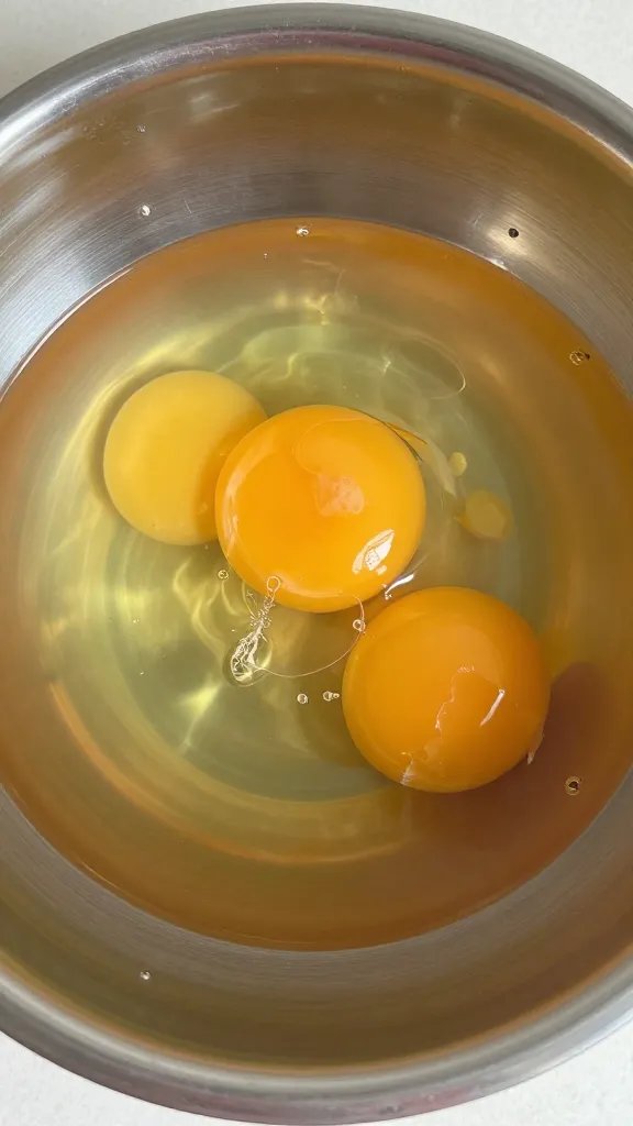 single cracked egg yolk in stainless prep bowl