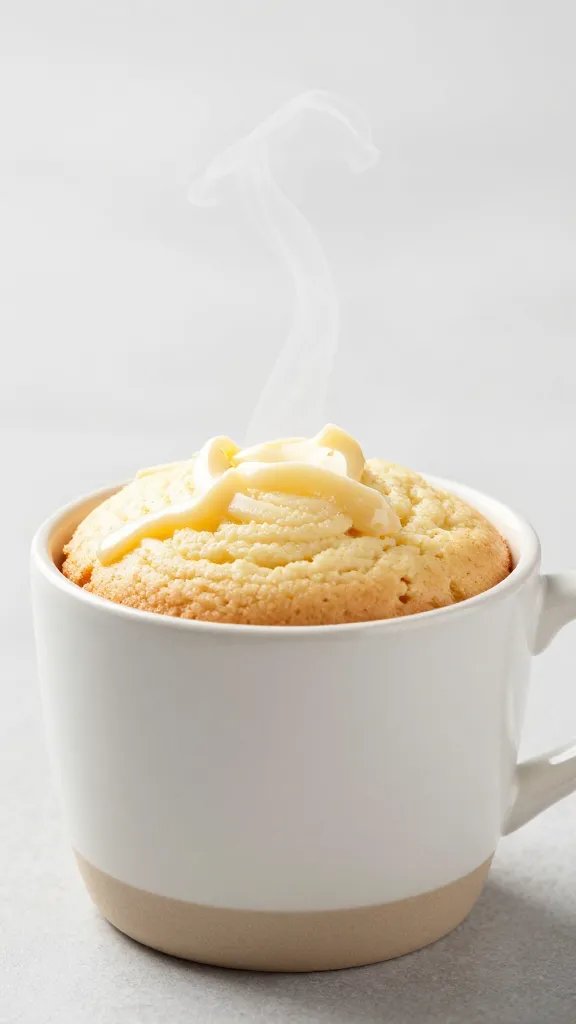 steaming vanilla keto mug cake in matte stoneware mug