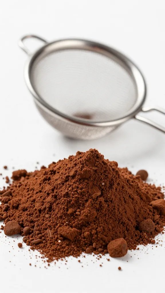 cocoa powder mound with tiny stainless sieve