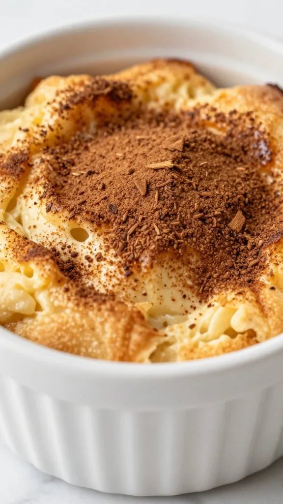closeup of keto bread pudding in white ramekin, cinnamon-dusted