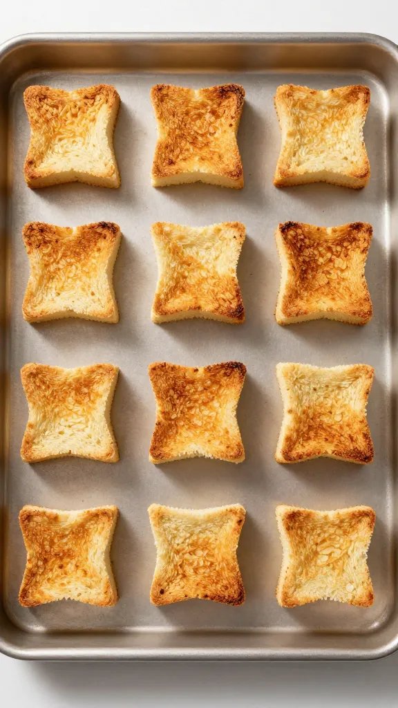 golden toasted keto bread cubes on sheet pan, overhead