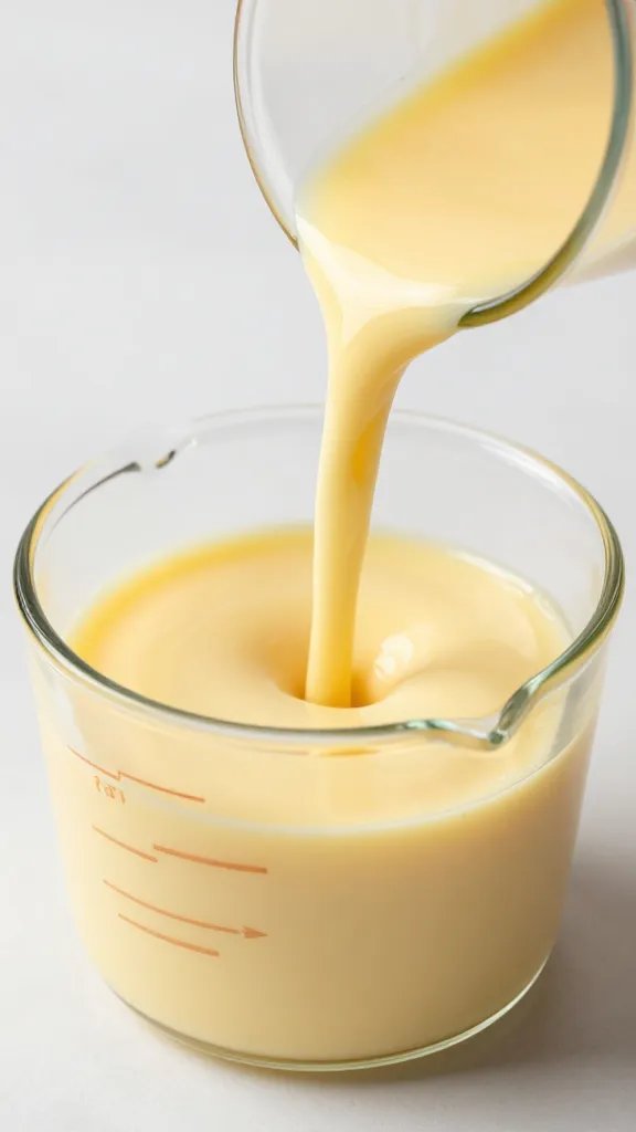 silky vanilla custard in glass measuring cup, pour spout