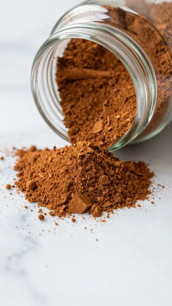 ground cinnamon spilling from jar onto marble surface