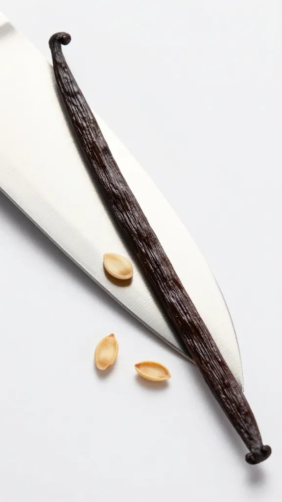 vanilla bean pod and seeds on chef’s knife blade