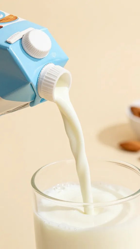 unsweetened almond milk carton corner with poured stream