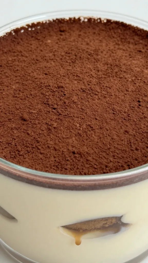 closeup low-carb tiramisu cup with cocoa-dusted top