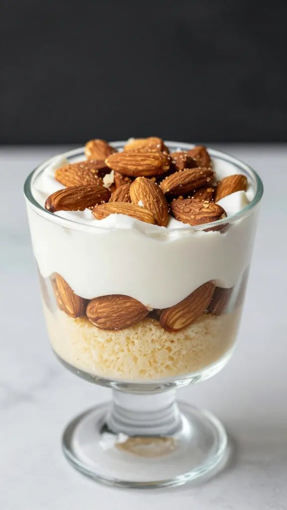 almond-coconut sponge layer inside glass dessert cup