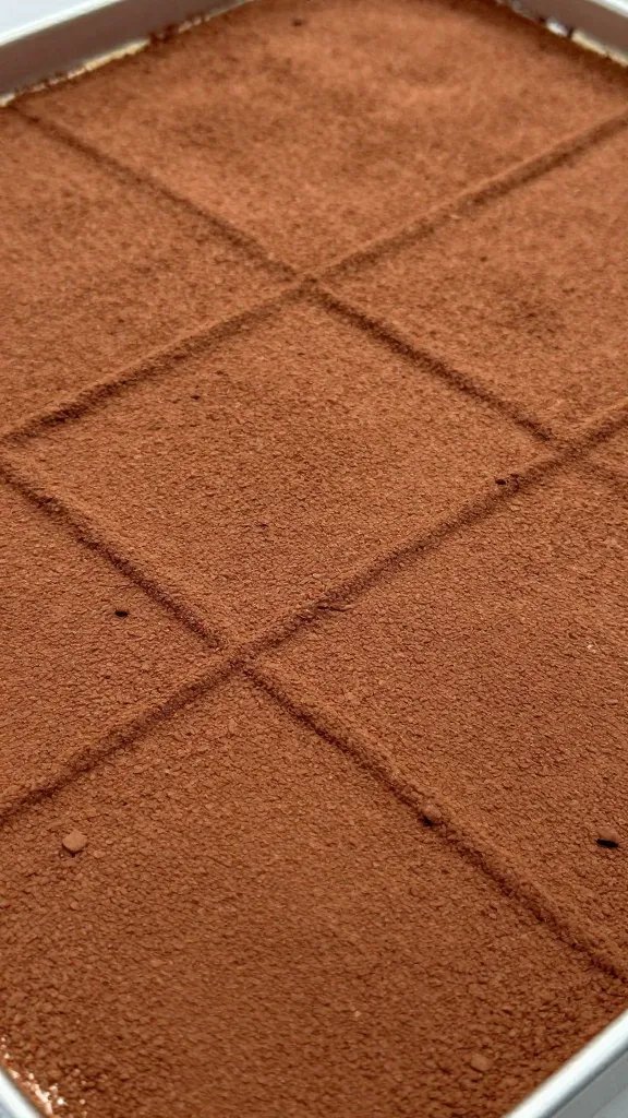 cocoa-sifted tiramisu surface with defined dusting lines
