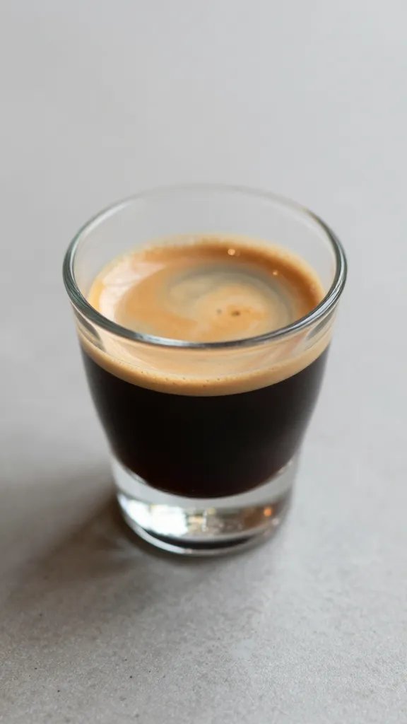 single espresso shot in demitasse, crema visible