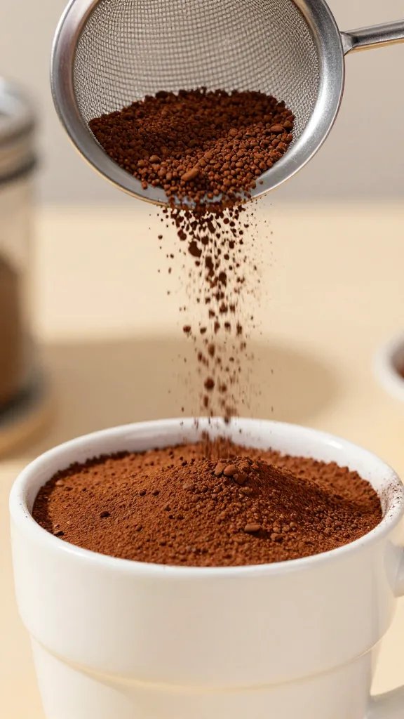fine-mesh sieve sprinkling cocoa over one dessert cup