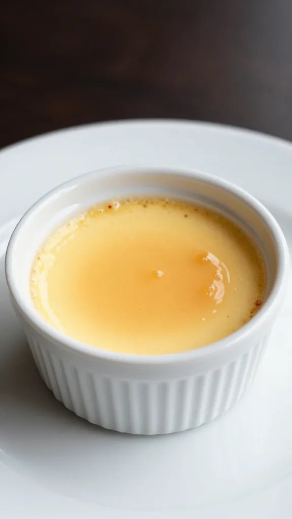 single ramekin of keto flan on white plate