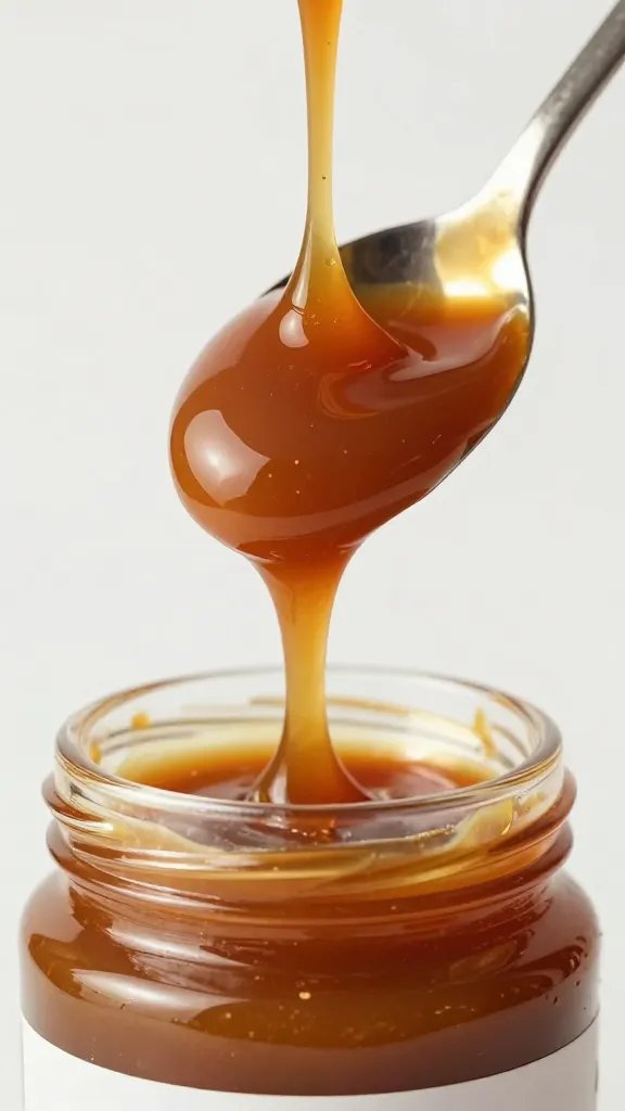 spoonful of glossy allulose caramel dripping