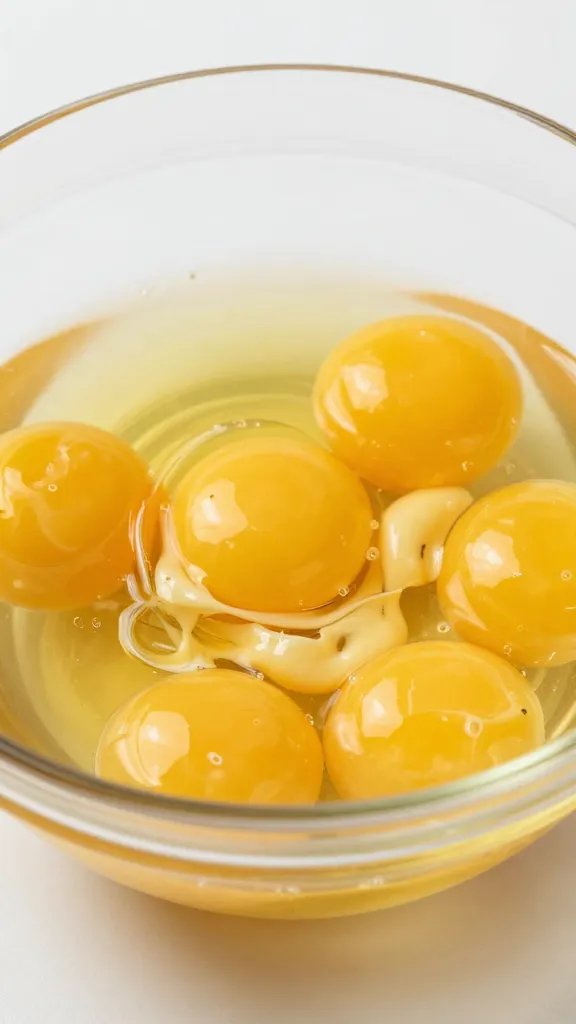 whisked egg yolks in glass bowl, creamy ribbons