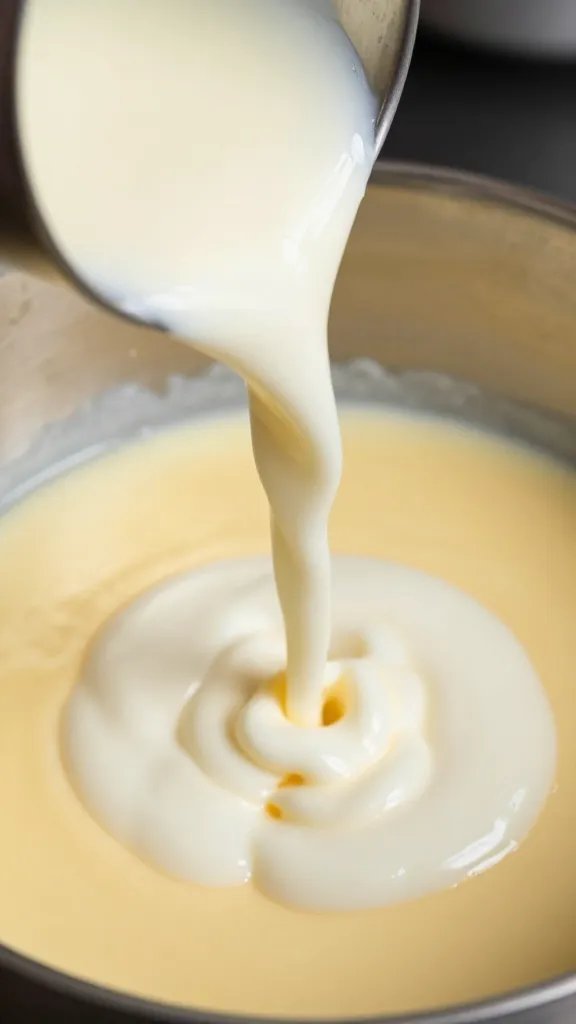 heavy cream pouring into custard mixture, closeup