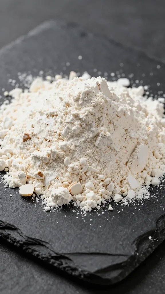 fine almond flour mound on black slate, side-lit