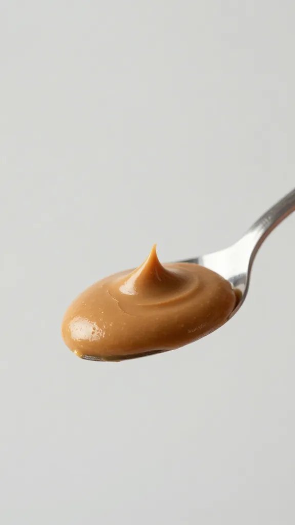 smooth peanut butter dollop on spoon, clean backdrop