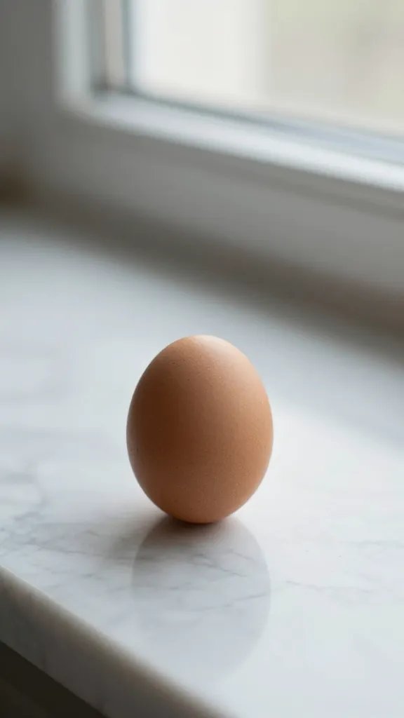 single egg on marble countertop, soft window light