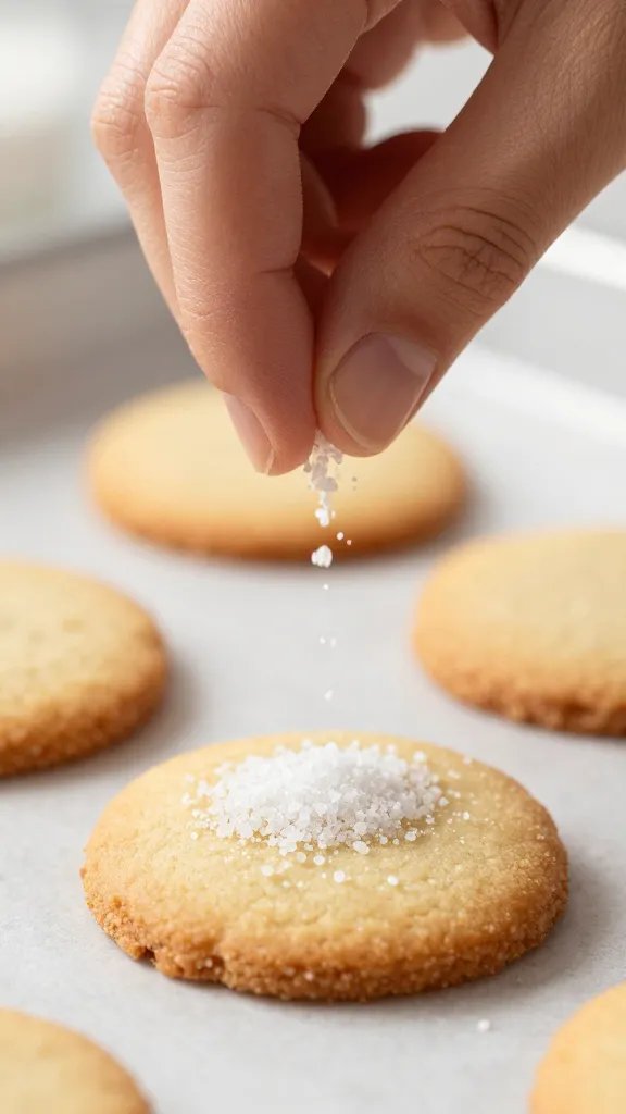 baker’s hand sprinkling erythritol onto one cookie, macro