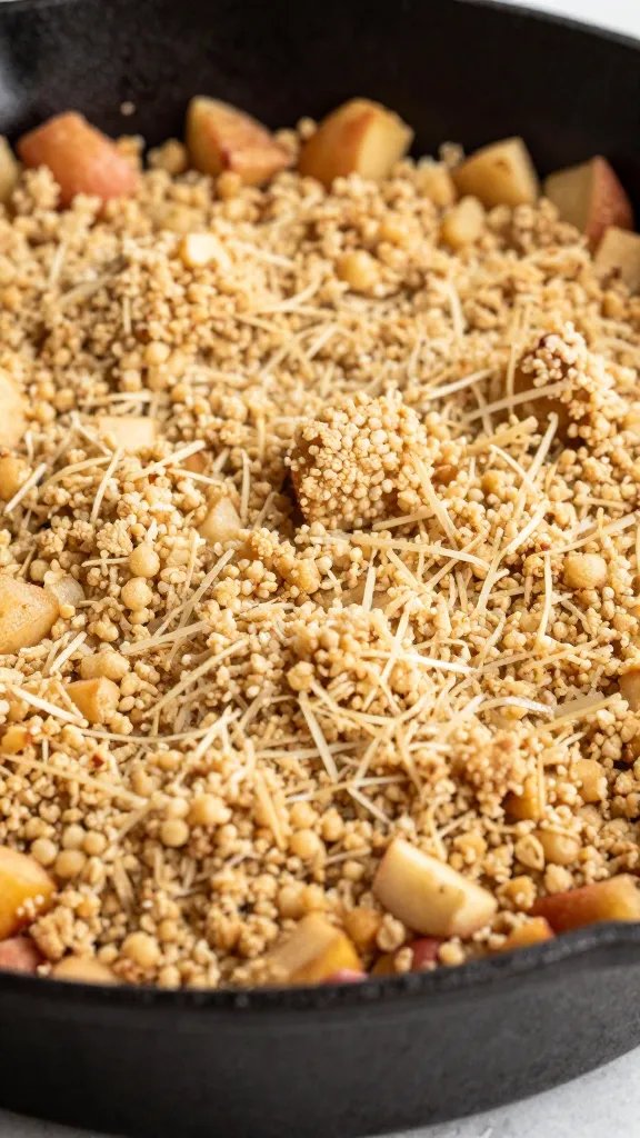 closeup keto apple crisp crumble in cast-iron skillet