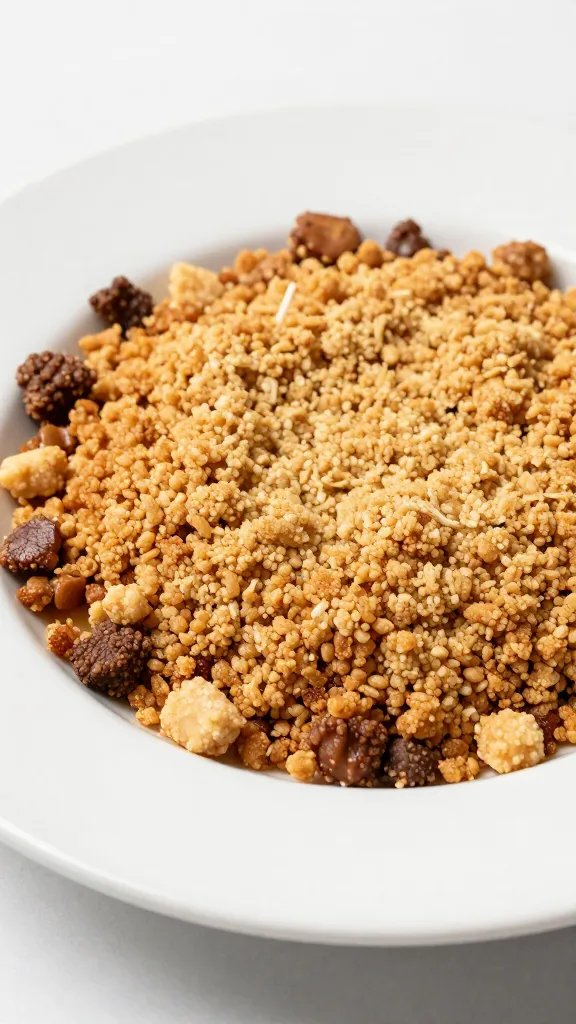 golden-brown keto crumble on white dessert plate
