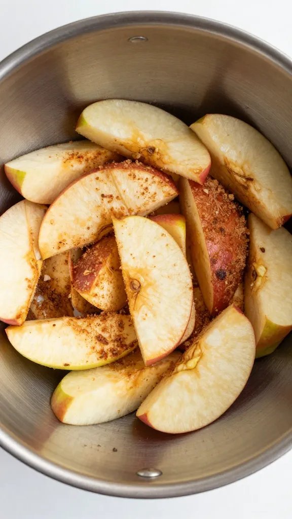 cinnamon-dusted apple slices in stainless mixing bowl
