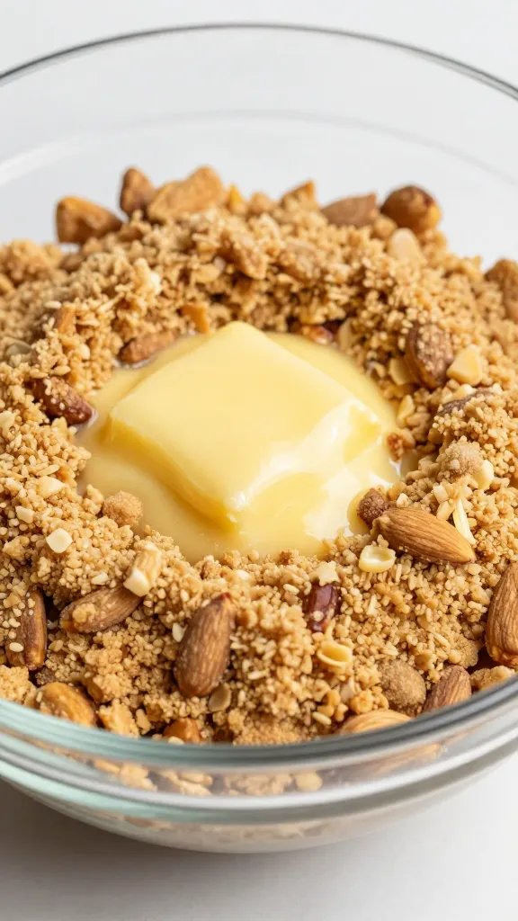 butter-melted almond flour streusel in glass bowl