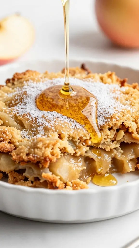 drizzle of sugar-free syrup over keto apple crisp