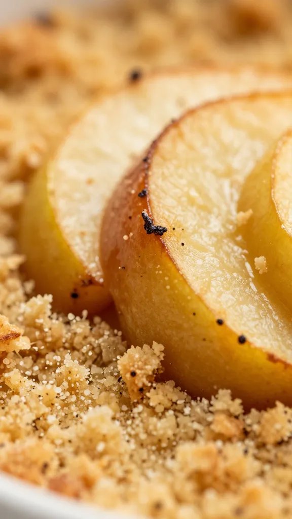 macro shot of caramelized apple edges under crumble