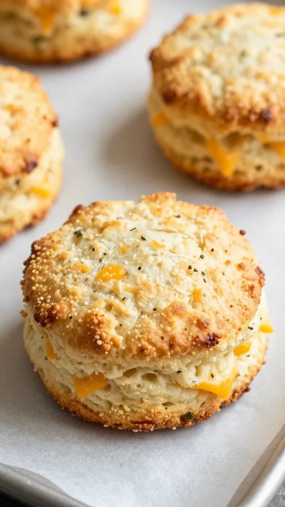 Keto cheddar garlic biscuit on parchment, closeup, crisp edges