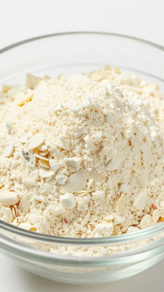 Superfine blanched almond flour mound in glass bowl, closeup