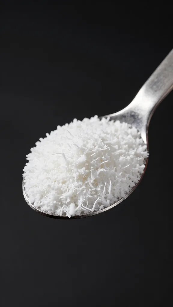 One tablespoon coconut flour on stainless measuring spoon, macro