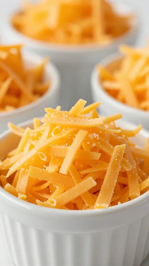 Cold grated cheddar piled in small ramekin, closeup