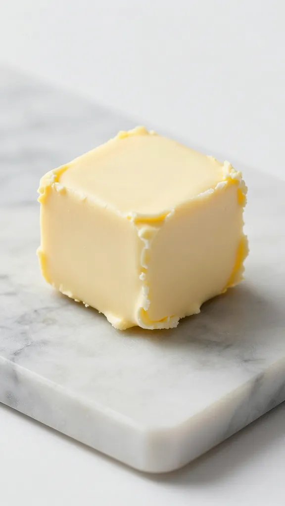 Cube of cold butter on chilled marble slab, macro