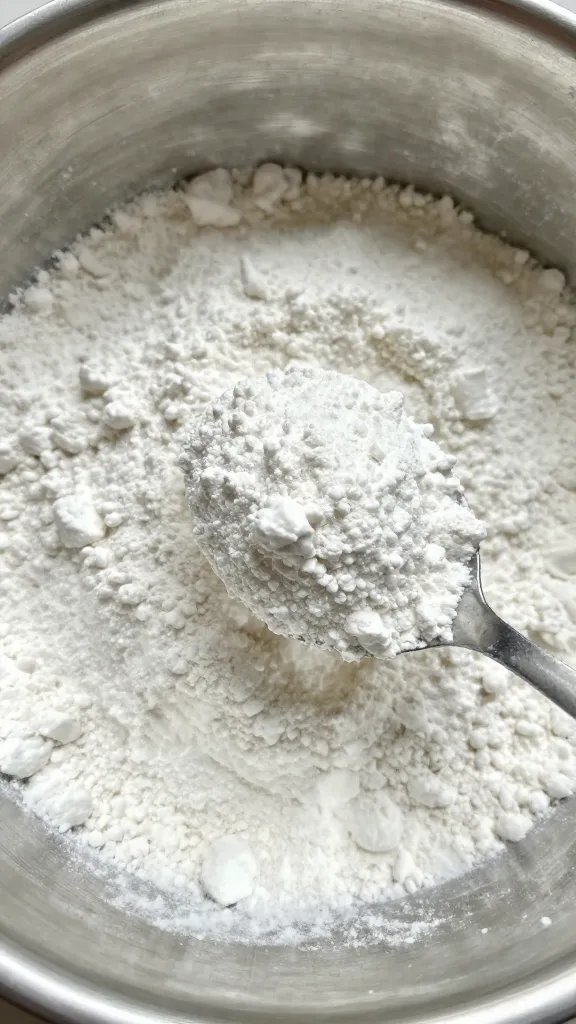 Baking powder in teaspoon over mixing bowl, closeup