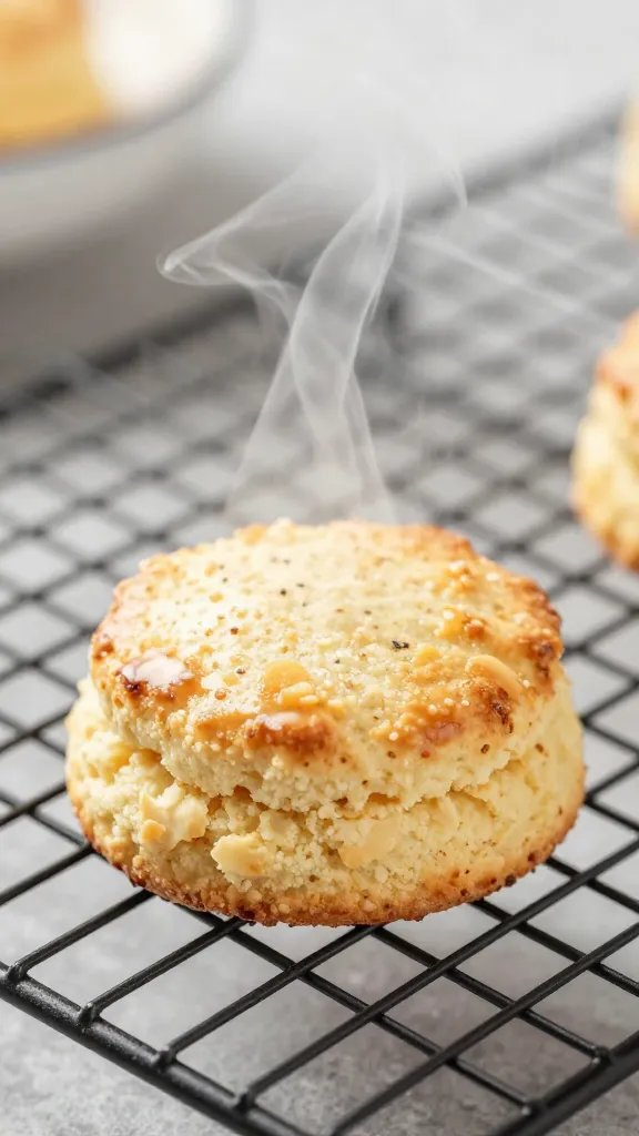 Single baked biscuit on wire rack with steam, closeup