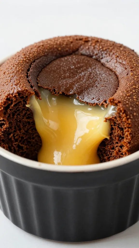 molten keto lava cake in black ramekin, closeup
