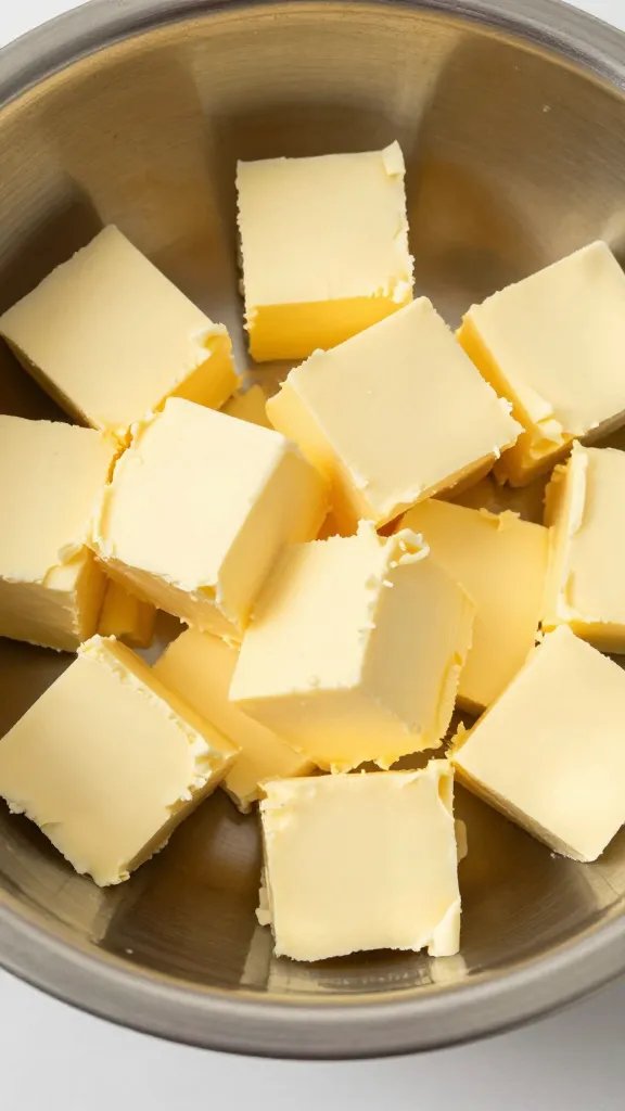 softened butter cubes in stainless prep bowl, closeup