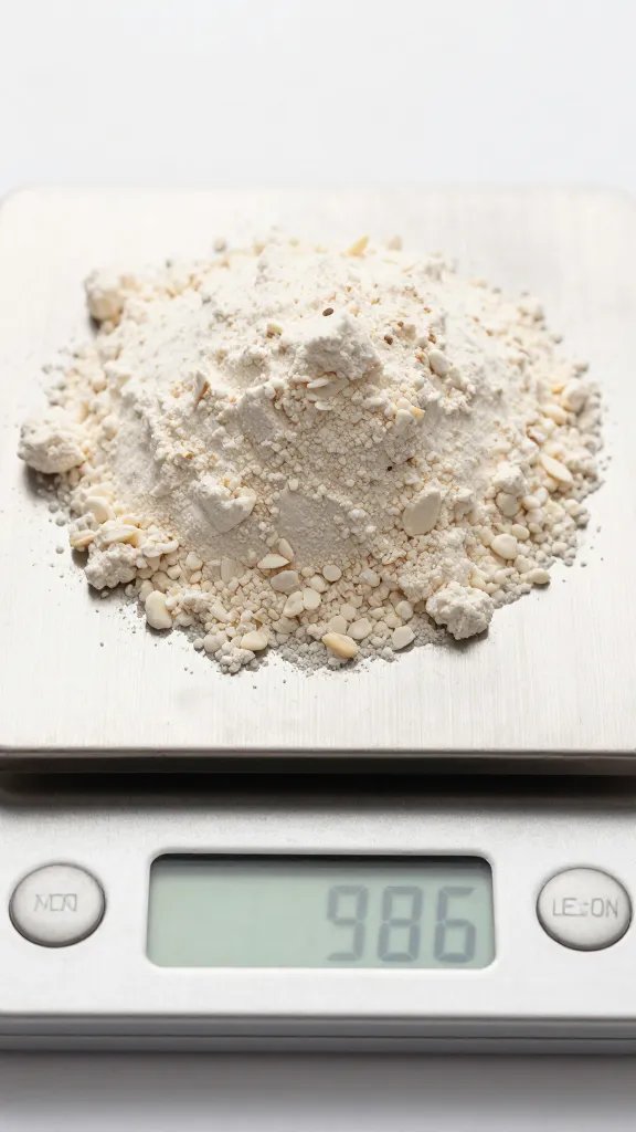 fine almond flour mound on digital scale, macro