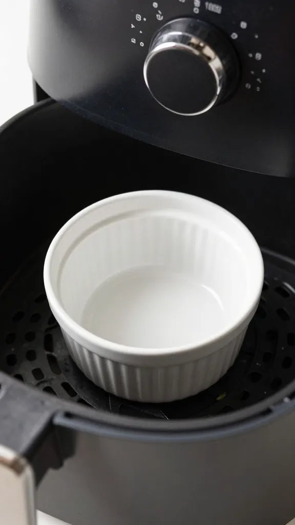 preheated air fryer basket with single ramekin, closeup